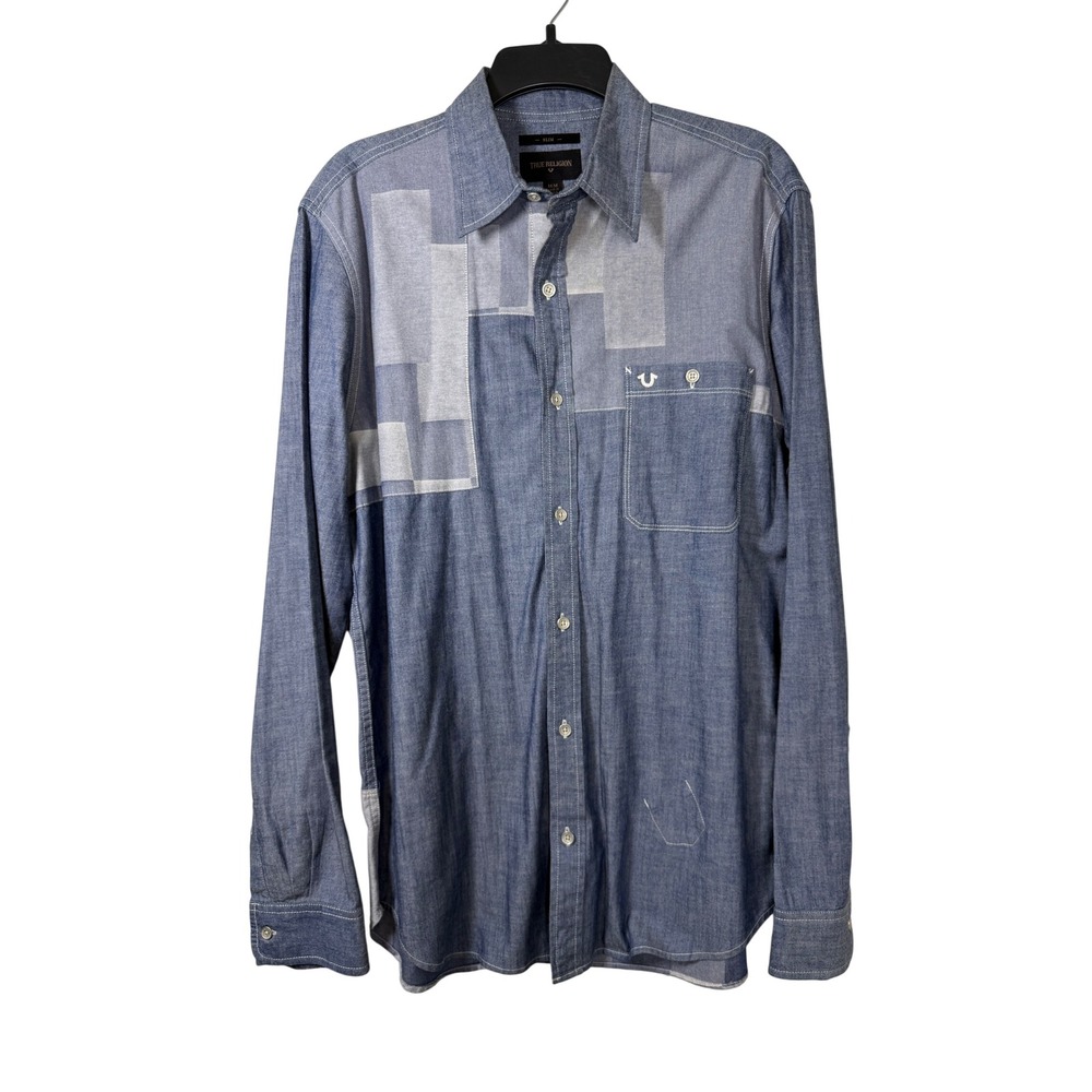 True Religion Slim Fit Patchwork Chambray Button Down Shirt Blue Mens M Denim